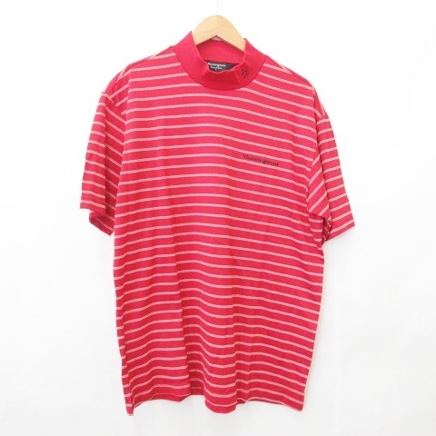 マンシングウェア Munsingwear Grandslam スポーツ ウエア ゴルフ Tシャツ 半袖 ハイネック ボーダー リブ 刺繍 スリット 赤 白 L メンズ 135 ベクトルパーク