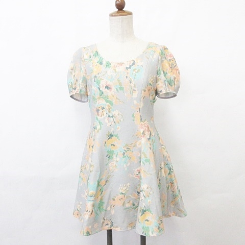 マーキュリーデュオ Mercuryduo ワンピース 半袖 丸首 ひざ丈 フレア リボン 裏地付 ストレッチ 花柄 グレー 緑 オレンジ グリーン F レディース 135 ベクトルパーク