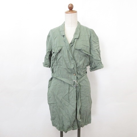 ザラ Zara ワンピース 半袖 シャツワンピ ひざ丈 ベルト テーラード カーキ S レディース 135 ベクトルパーク