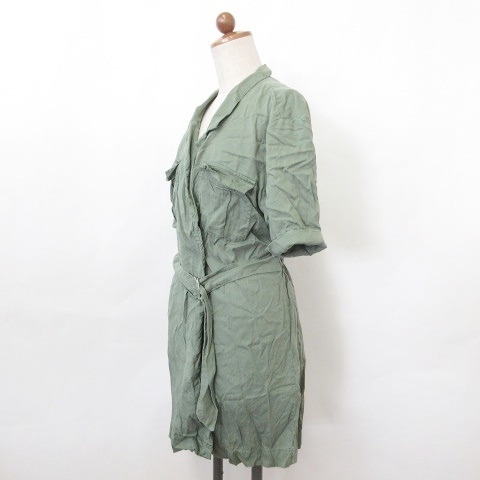 ザラ Zara ワンピース 半袖 シャツワンピ ひざ丈 ベルト テーラード カーキ S レディース 135 ベクトルパーク