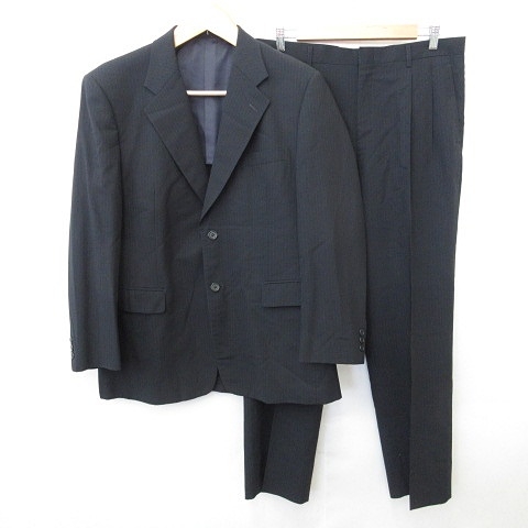 カネボウ Kanebo スーツ セットアップ シングル テーラードジャケット パンツ スラックス ストライプ 毛 ウール 黒 100ab7 メンズ 135 ベクトルパーク