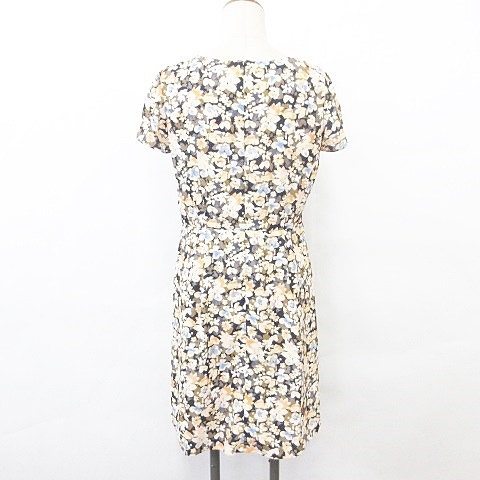 インデックス Index ワンピース ひざ丈 半袖 チューリップ袖 花柄 総プリント クルーネック タック 茶 黄 オレンジ M レディース 135 ベクトルパーク