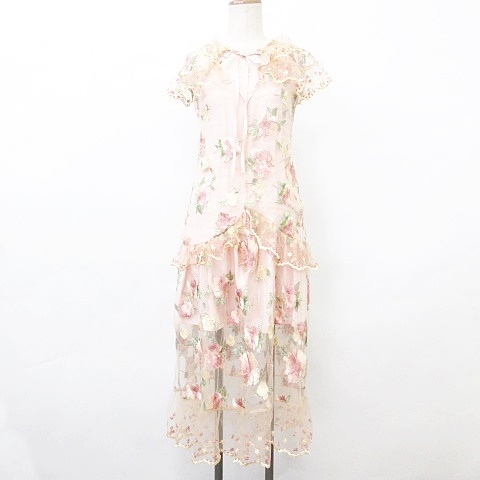 未使用品 Lin Studio ワンピース パーティー ドレス 半袖 ロング丈 レース リボン 刺繍 花柄 ピンク M レディース 135 ベクトルパーク