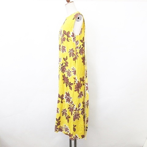 アダムエロペ Adam Et Rope ワンピース チュニック ノースリーブ 丸首 ロング丈 フレア 花柄 麻 黄 茶 イエロー ブラウン F レディース 135 ベクトルパーク