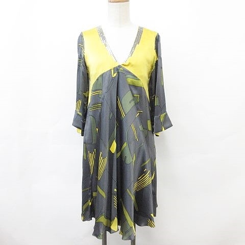 ミュラー オブ ヨシオクボ Muller Of Yoshiokubo ワンピース ひざ丈 七分袖 Vネック メタル プリント 無地 切替 シルク 黄 グレー 緑 36 レディース 135 ベクトルパーク