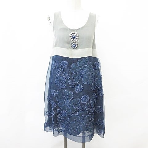 ミミ ロジャー Mimi Roger ワンピース ひざ丈 ノースリーブ シアー 刺繍 アップリケ 花柄 ビジュー ビーズ プリーツ シルク 紺 ネイビー ベージュ 0 レディース 135 ベクトルパーク