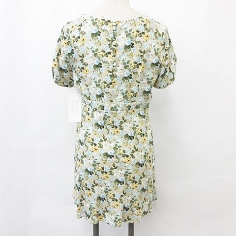 未使用品 ハリコットルージュ Haricot Rouge ワンピース チュニック ミニ丈 半袖 Vネック 花柄 総プリント ベージュ 水色 黄 緑 1 レディース 135 ベクトルパーク