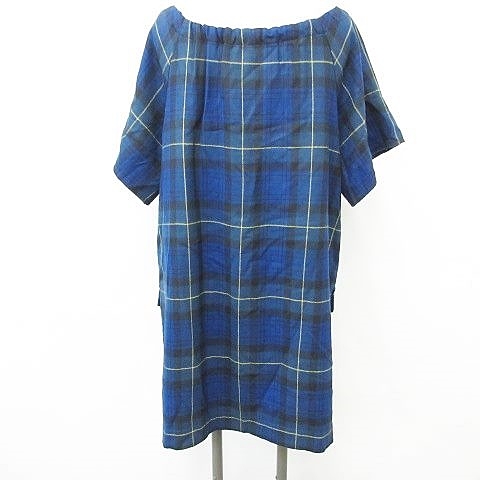 フローレント リラックス Florent Relax ワンピース チュニック ひざ丈 半袖 クルーネック リボン テープ チェック ウール 青 緑 ブルー グリーン 黄 レディース 135 ベクトルパーク