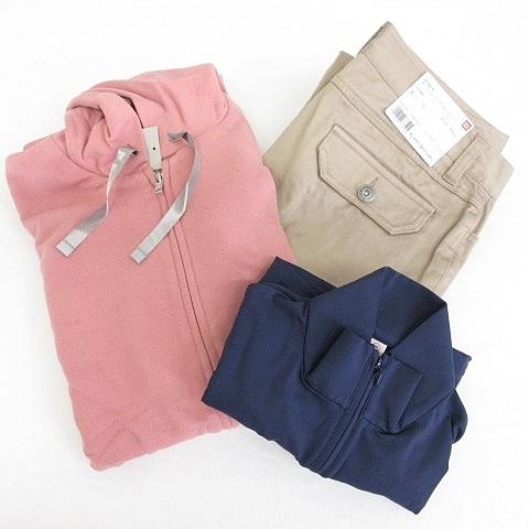 未使用品 ユニクロ Uniqlo ベスト パーカ Tシャツ パンツ 3枚セット ジップアップ ハーフジップ 七分丈 クロップド ストレッチ スウェット レース 綿 ピンク 紺 ベージュ 白 M 64 レディース 135 ベクトルパーク