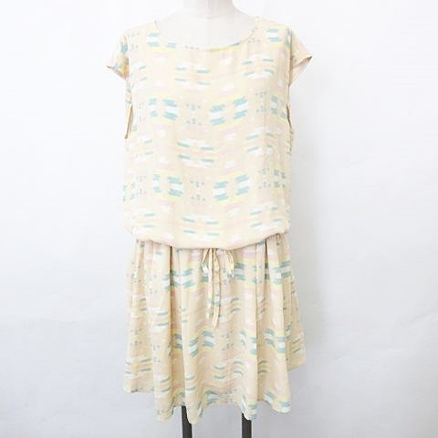 ビームスハート Beams Heart ワンピース ひざ丈 半袖 クルーネック ドローストリング プリント ネイティブ柄 ベージュ 緑 黄 ピンク レディース 135 ベクトルパーク