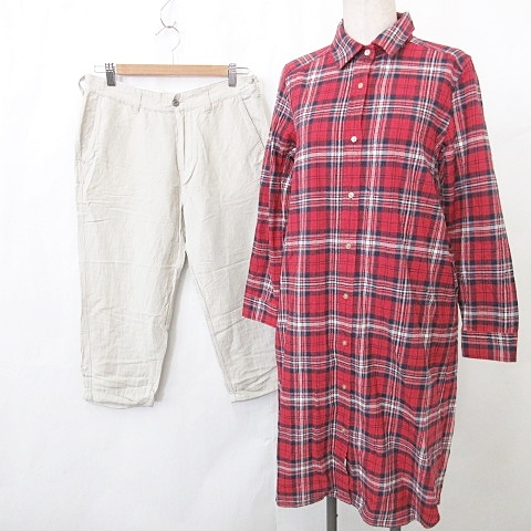 アーバンリサーチ ドアーズ Urban Research Doors ワンピース パンツ 2枚セット シャツワンピ ロング 長袖 チェック ワイド クロップド ロールアップ 赤 紺 レッド ネイビー ベージュ One 38 レディース 135 ベクトルパーク