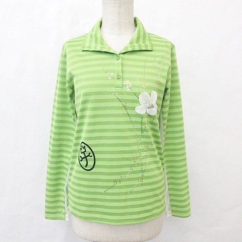 カステルバジャック Castelbajac ウエア ゴルフ シャツ 長袖 スタンドカラー ボーダー メッシュ 刺繍 花柄 スパンコール 緑 グリーン ベージュ 40 レディース 135 ベクトルパーク