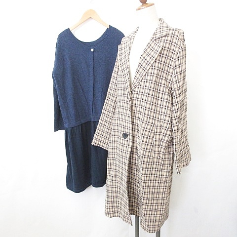 マウジー Moussy ニコアンド Niko And コート ワンピース 2点セット チェスター テーラーカラー シングル チェック 膝丈 丸首 前ボタン開き ニット 配色 ベージュ 紺 ネイビー 1 レディース 135 ベクトルパーク