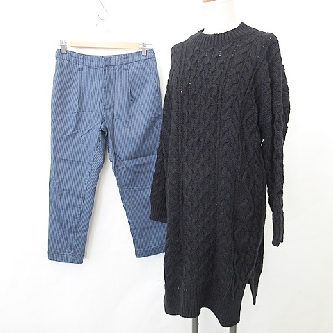 ローリーズファーム Lowrys Farm レプシィム ローリーズファーム Lepsim Lowrys Farm ワンピース パンツ 2枚セット ニットワンピ 長袖 丸首 ひざ丈 クロップド丈 ストレッチ ドロップショルダー ストライプ 綿 黒 紺 ブラック ネイビー F S レディース 135