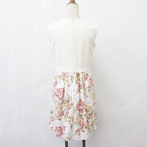 チェリーアン Cherry Ann ワンピース ノースリーブ 丸首 ひざ丈 ビジュー ビーズ タック 花柄 白 クリーム 赤 黄 シルバー 緑 ホワイト F レディース 135 ベクトルパーク