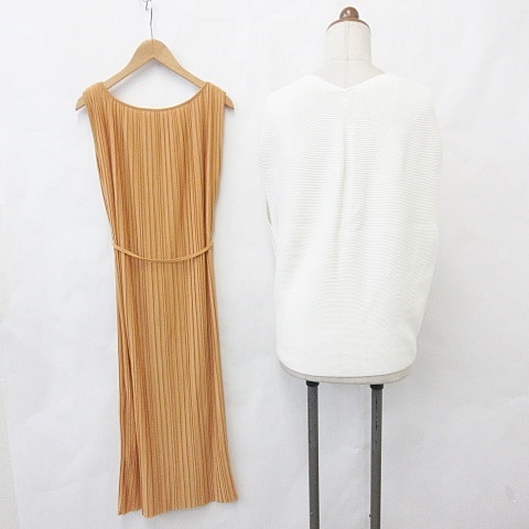 ユニクロ Uniqlo ニット ワンピース 2点セット ベスト ノースリーブ ロング プリーツ 紐 インナーキャミ アイボリー オレンジ M レディース 135 ベクトルパーク