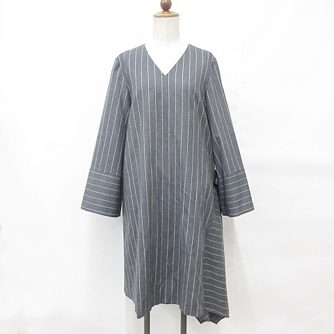 アドーア ADORE ワンピース ひざ丈 長袖 Vネック ストライプ ウール 毛  