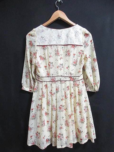 ピンキーガールズ Pinky Girls ワンピース 七分袖 花柄 レトロ レース タック プリーツ ギャザー フレア アイボリー ベージュ S レディース 139 ベクトルパーク