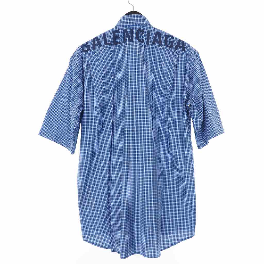 未使用品 バレンシアガ Balenciaga 19ss バックロゴ オーバーサイズ チェックシャツ 半袖 37 ブルー 青 国内正規 メンズ 140 ベクトルパーク