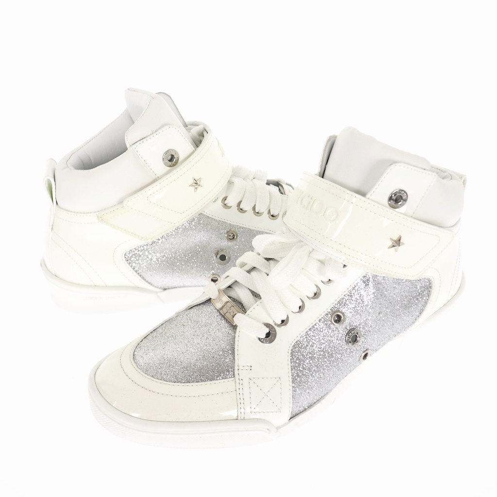 ジミーチュウ Jimmy Choo レザー ハイカット スニーカー ベルクロ ロゴ 白 ホワイト シルバー 41 26 0cm メンズ 140 ベクトルパーク
