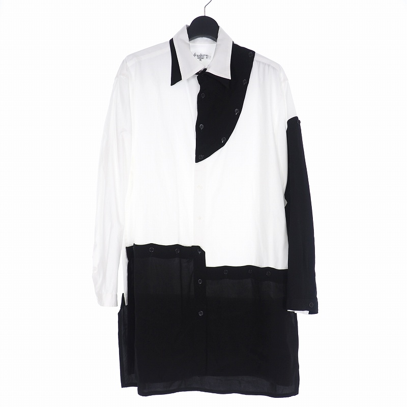 ヨウジヤマモトプールオム Yohji Yamamoto Pour Homme 19ss Front Detachable Button Shirt レーヨン 切替 デザイン ロングシャツ 白 ホワイト 黒 ブラック 2 Hh B46 817 メンズ 140 ベクトルパーク