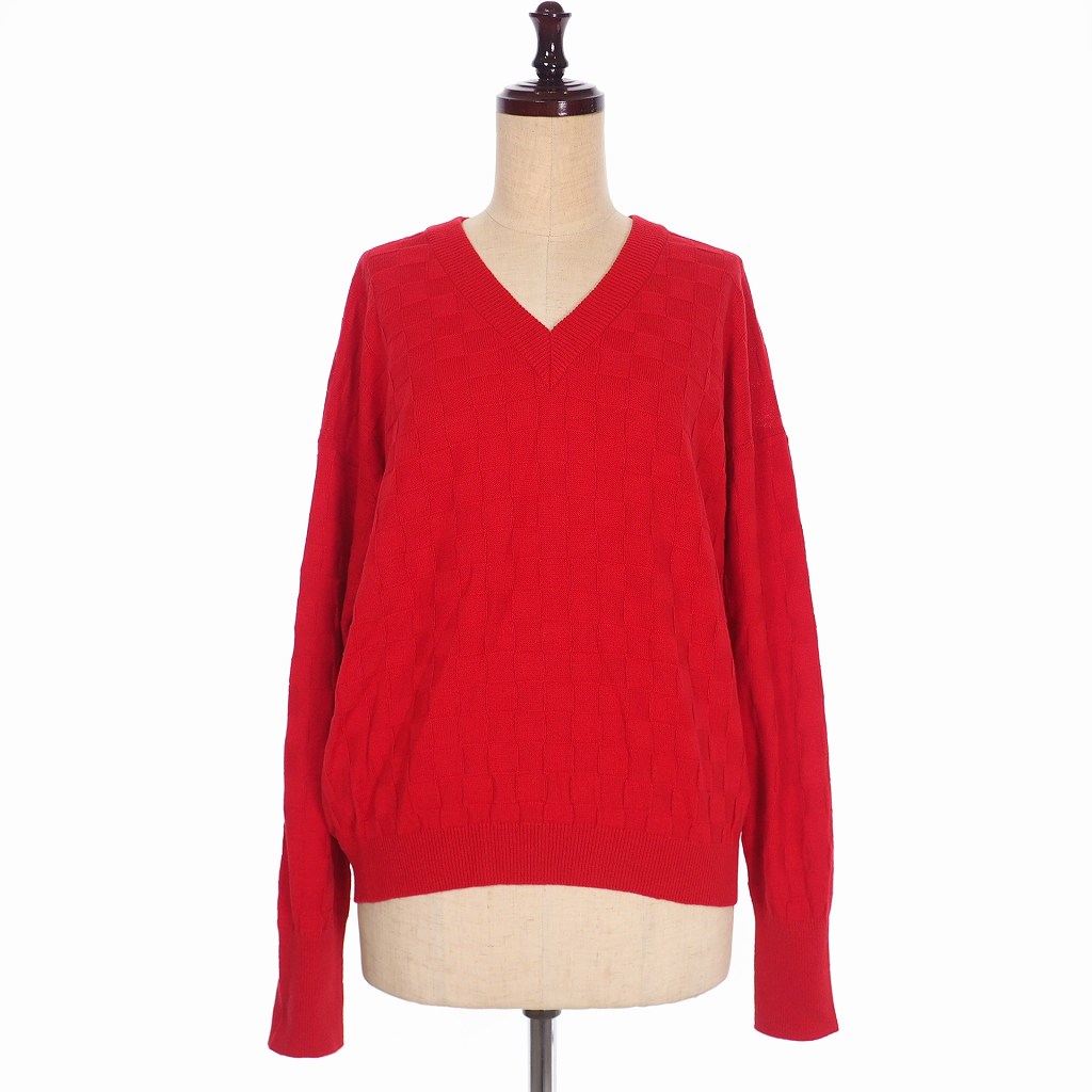 未使用品 イリアンローブ Iliann Loeb Check Pattern Cotton Pullo チェック パターン コットンニット セーター プルオーバー Vネック 長袖 F レッド 赤 44193002 レディース 140 202102160783 ベクトルパーク