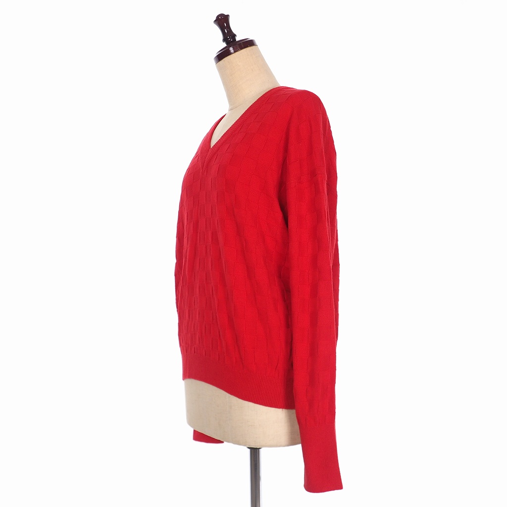 未使用品 イリアンローブ Iliann Loeb Check Pattern Cotton Pullo チェック パターン コットンニット セーター プルオーバー Vネック 長袖 F レッド 赤 44193002 レディース 140 202102160783 ベクトルパーク