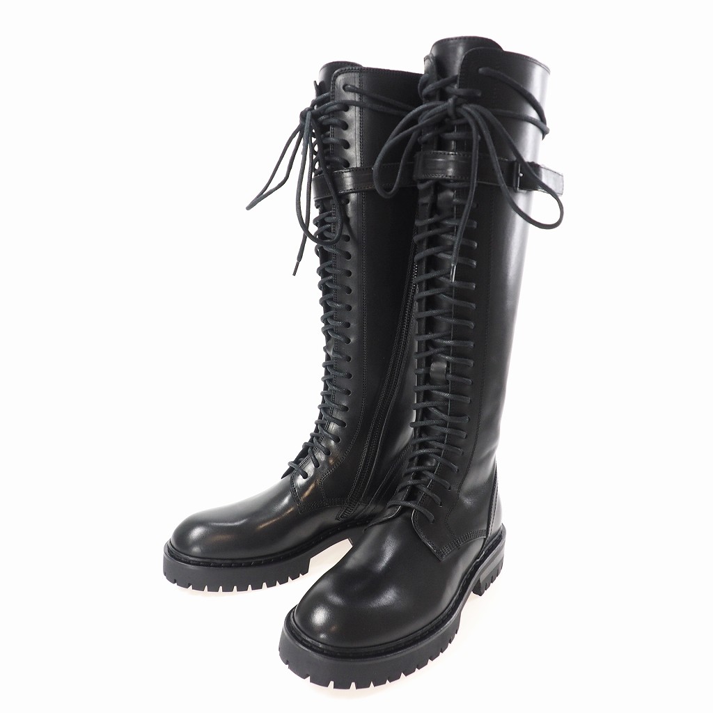 未使用品 アンドゥムルメステール Ann Demeulemeester aw Shoes Tucson Nero レザー レースアップ ロングブーツ ジョッキーブーツ ストラップ サイドジップ 35 ブラック 黒 14 390 099 国内正規 レディース 140 ベクトルパーク