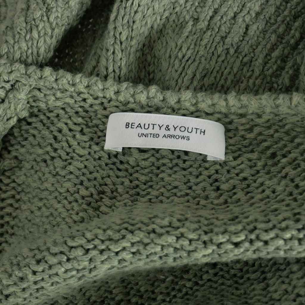 ビューティー&ユース リネン ノーカラー カーディガン ニット 長袖 緑 ビューティー\u0026ユース ノーカラージップジャケット 麻 リネン L