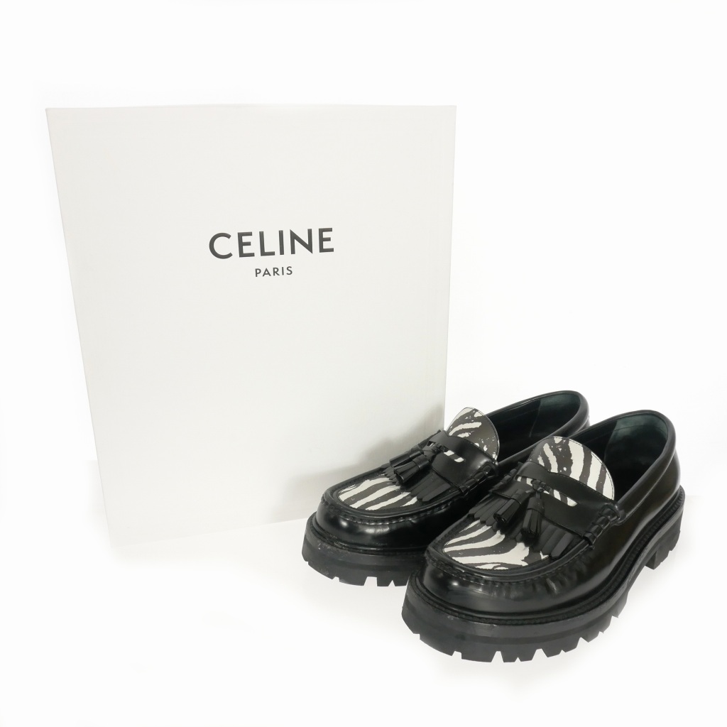セリーヌ CELINE ゼブラ柄 タッセルローファー チャンキーヒール