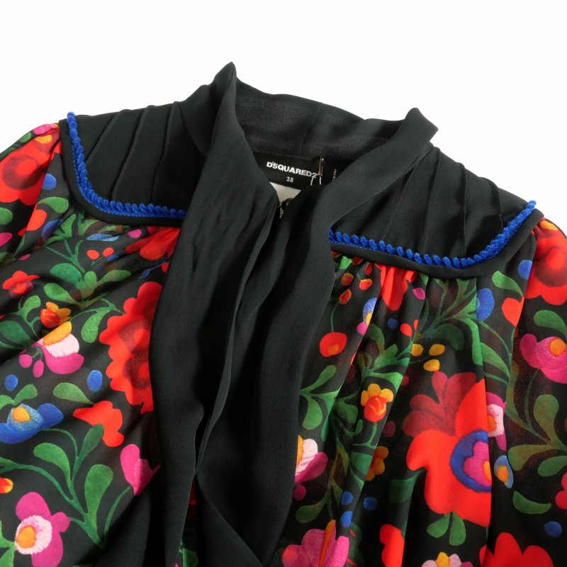 ディースクエアード DSQUARED2 22AW フラワープリント リボンタイ ロングシャツ ブラウス 長袖 38 ブラック 黒 S75CV0547 国内正規 ディースクエアード DSQUARED2 22AW フラワープリント