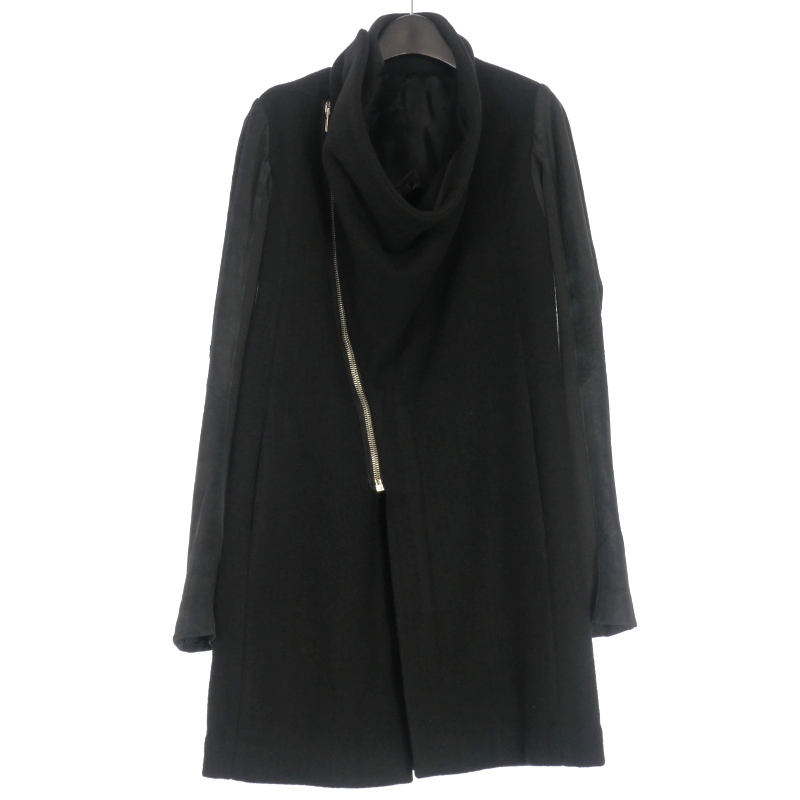 Rick Owens　 レザー切替　ウール　ドレープ　コート　ロングジャケット Rick Owens レザー切替 ウール ドレープ コート ロングジャケット