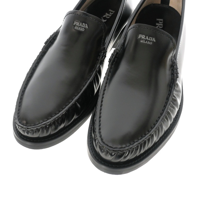 プラダ　靴　ローファー プラダ PRADA ブラッシュドレザー ローファー 靴 8 ブラック 黒