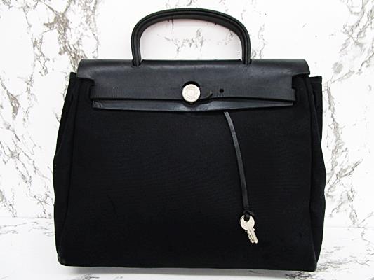 エルメス HERMES エールバッグPM ハンドバッグ キャンバス×レザー 黒 