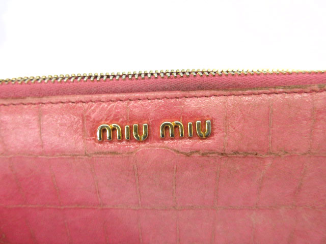 ミュウミュウ miumiu 長財布 クロコ型押し ラウンドジップ レザーロゴ