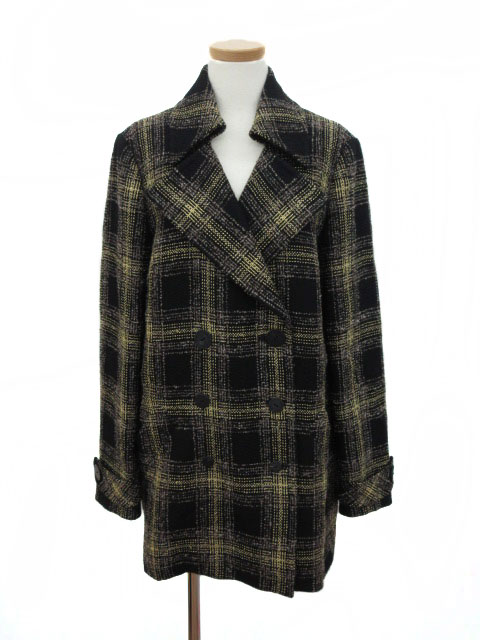 カルヴェン CARVEN コート ステンカラー ダブル チェック ウール 42 黒 