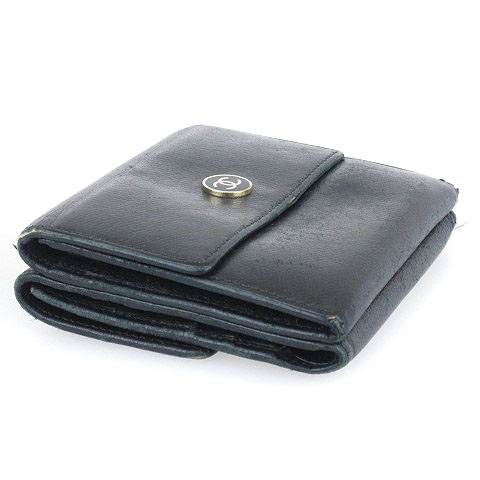 シャネル CHANEL ココボタン 財布 三つ折り Wホック レザー 黒  