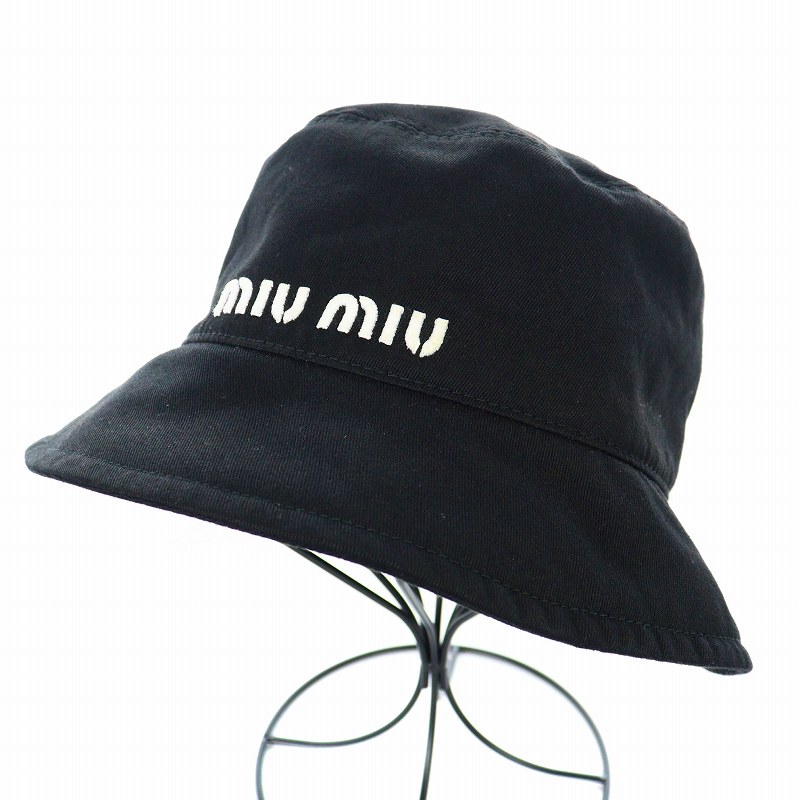 ミュウミュウ miumiu バケットハット 帽子 ロゴ 刺繍 コットン S 黒  