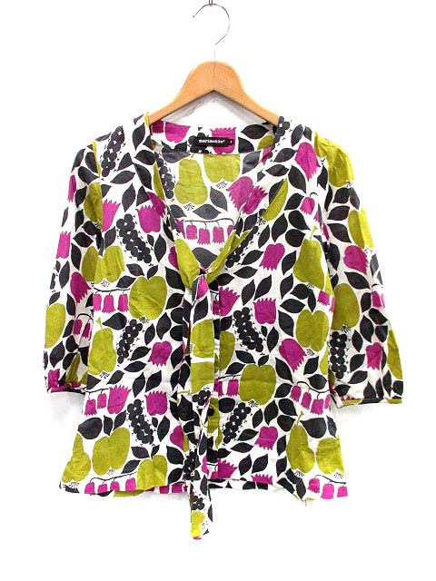 マリメッコ Marimekko ブラウス ノーカラー 総柄 七分袖 34 白 黒 黄緑 紫 Sn45 レディース 144 ベクトルパーク