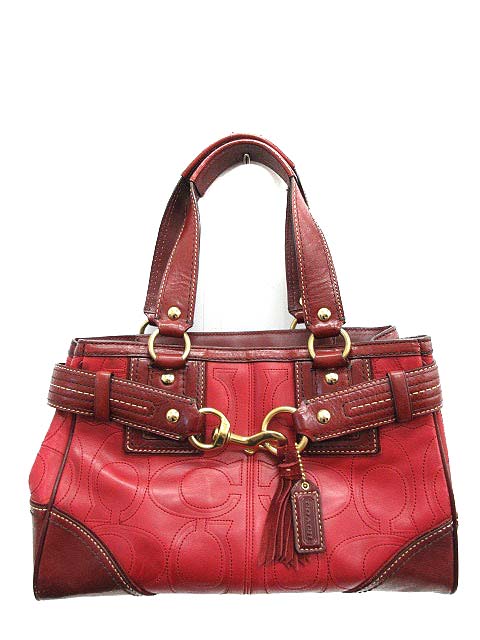 コーチ COACH ハンドバッグ シグネチャー ステッチ タッセル 赤 レッド 