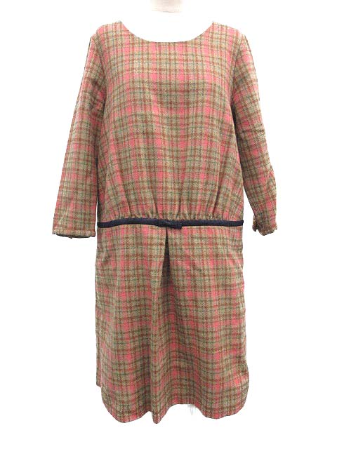 ハウピア Haupia ワンピース ひざ丈 チェック リボン 長袖 38 ベージュ ピンク Og40 Ca キ9 レディース 144 ベクトルパーク