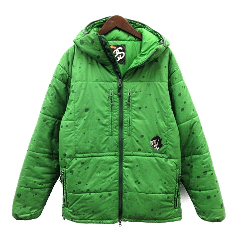 ステューシー STUSSY 中綿ジャケット フード 総柄 L 緑 グリーン /MR 