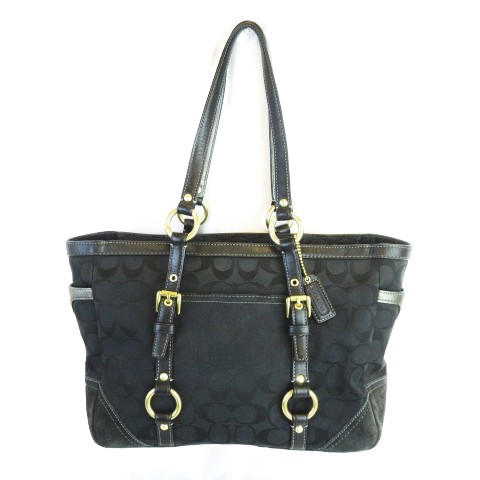 コーチ COACH 10384 シグネチャー ギャラリー トート ハンドバッグ キャンバス レザー ブラック 黒 MH0307 レディース
