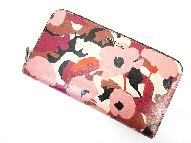フルラ FURLA 長財布 ラウンドファスナー 花柄 レザー ピンク 黒 