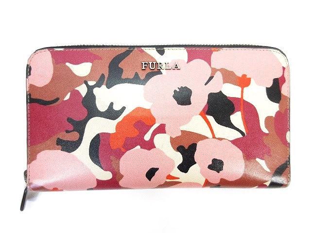 フルラ FURLA 長財布 ラウンドファスナー 花柄 レザー ピンク 黒 