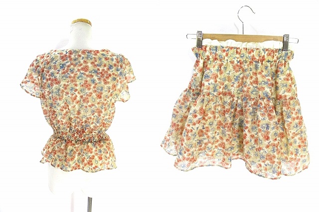 イーハイフンワールドギャラリー E Hyphen World Gallery 美品 セットアップ カットソー 半袖 フレア ギャザー スカート ミニ ショート F マルチカラー ベージュ レディース 146 ベクトルパーク