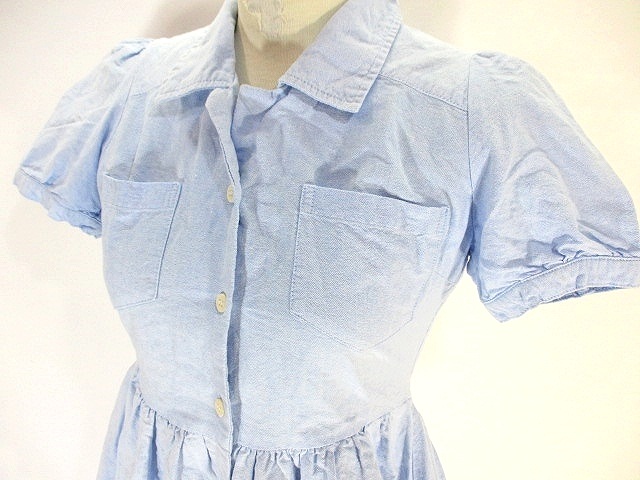 エムズエキサイト Emsexcite 美品 コットン シャツ ワンピース 半袖 ミニ丈 ショート 胸ポケット 無地 M ライトブルー 水色 レディース 146 ベクトルパーク