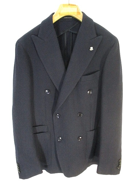 タリアトーレ liatore 美品 テーラード ジャケット ダブル ヘリンボーン 総柄 ニット調 52 ネイビー 紺 伊製 メンズ 146 ベクトルパーク