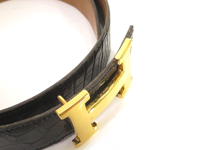 HERMES 黒クロコダイルベルト Hロゴ