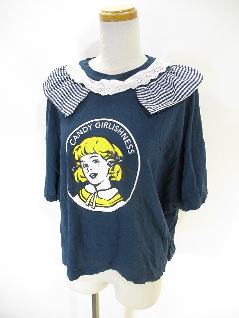 キャンディストリッパー Candy Stripper Tシャツ カットソー 半袖 レース 部分 チェック 柄 プリント 紺 ネイビー 2 レディース 146 ベクトルパーク